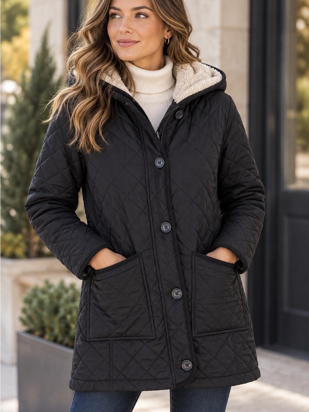 Lauren Ralph Lauren Women M Black Quilted Coat Faux Fur Hood Equestrian Lined